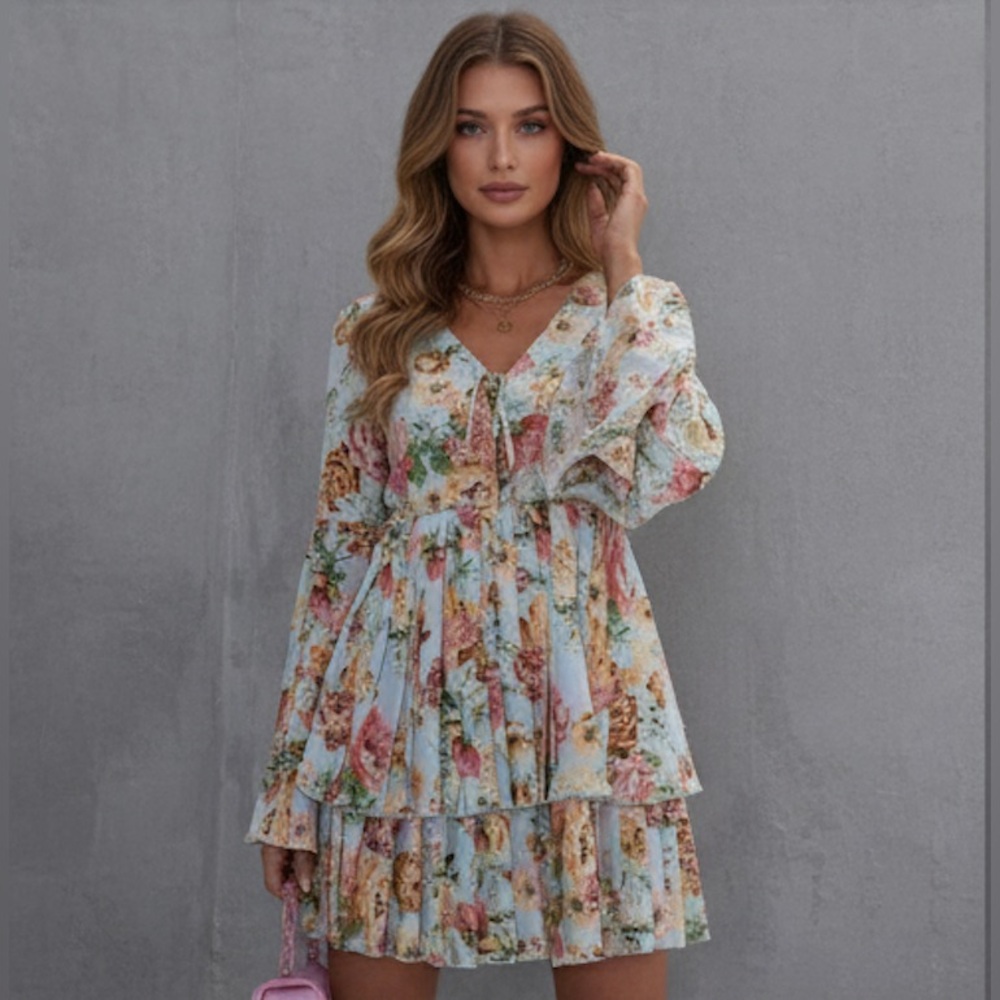 Cottagecore Floral Print Ruffle Tiered Mini Dress – Boho V-Neck Smock Dress